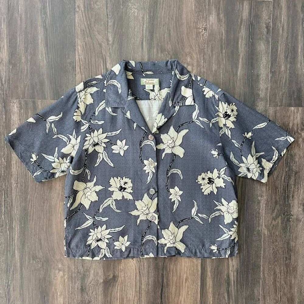 Vintage Tommy Bahama 100% Silk Floral Shirt Crop Button Up Short Sleeve Sz Small